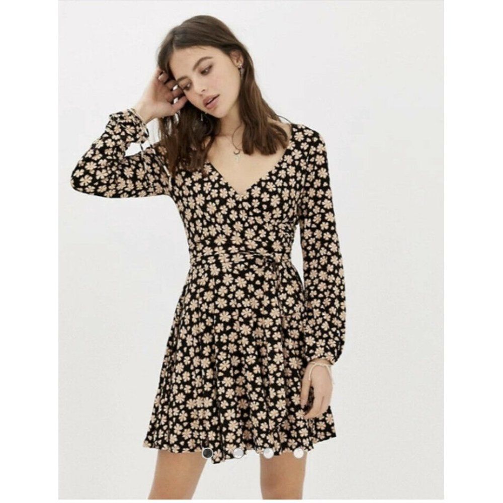 Free People Size S Pradera Floral Print Faux Wrap Short Dress Tie Sleeve Stretch